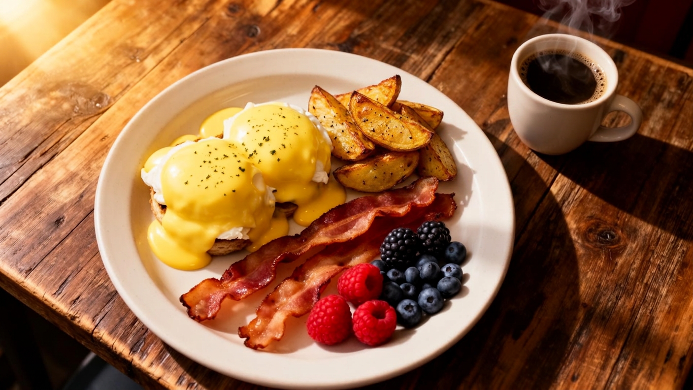 Plated all-day breakfast with eggs benedict, bacon, potato wedges and coffee at Eagle Ridge Eatery
